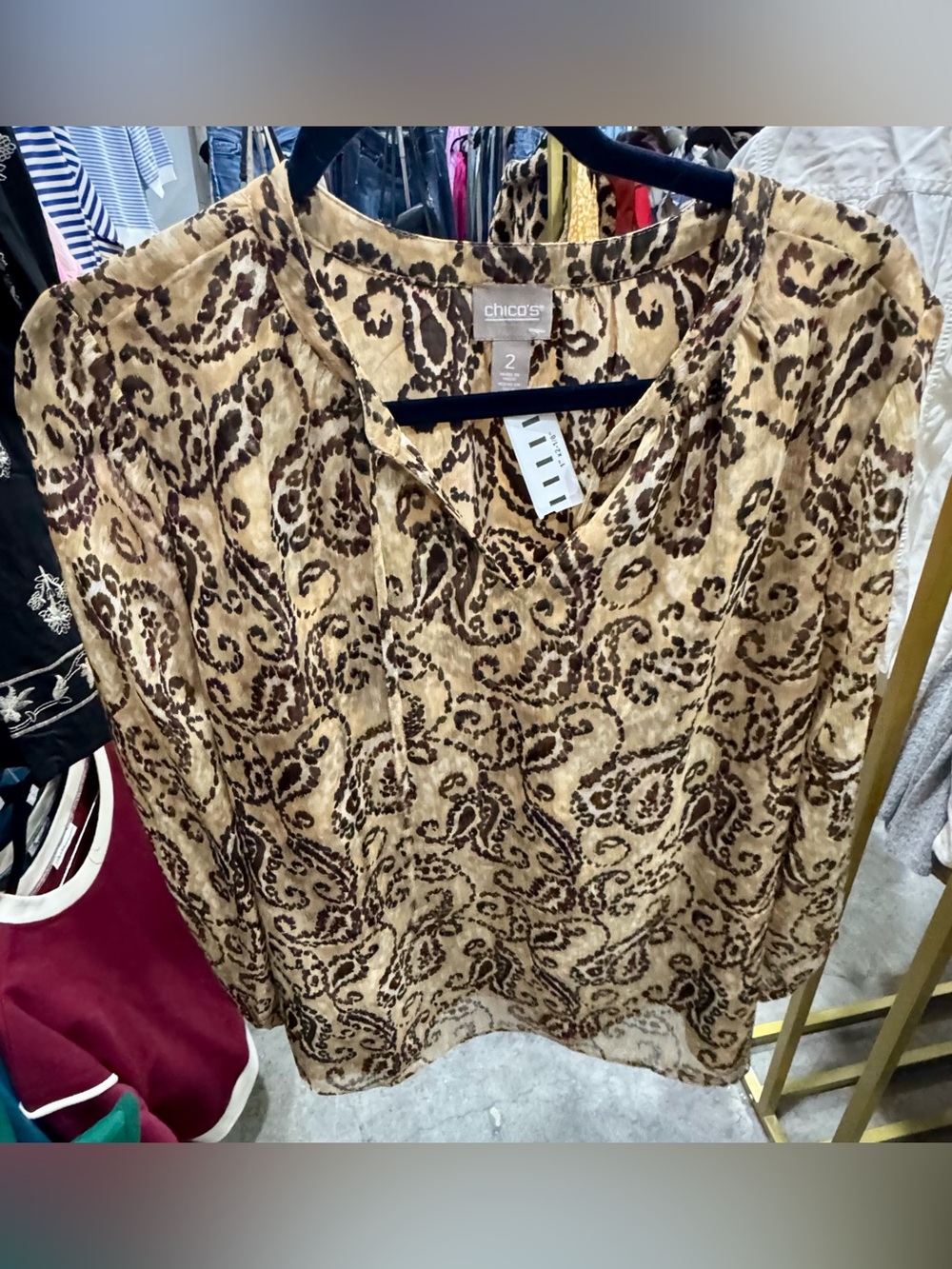 Chico's Brown and Tan Paisley V-Neck Pullover Blouse
